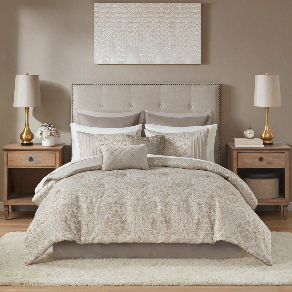 12 Piece Jacquard Comforter Set with Bed Sheets Khaki Cal King