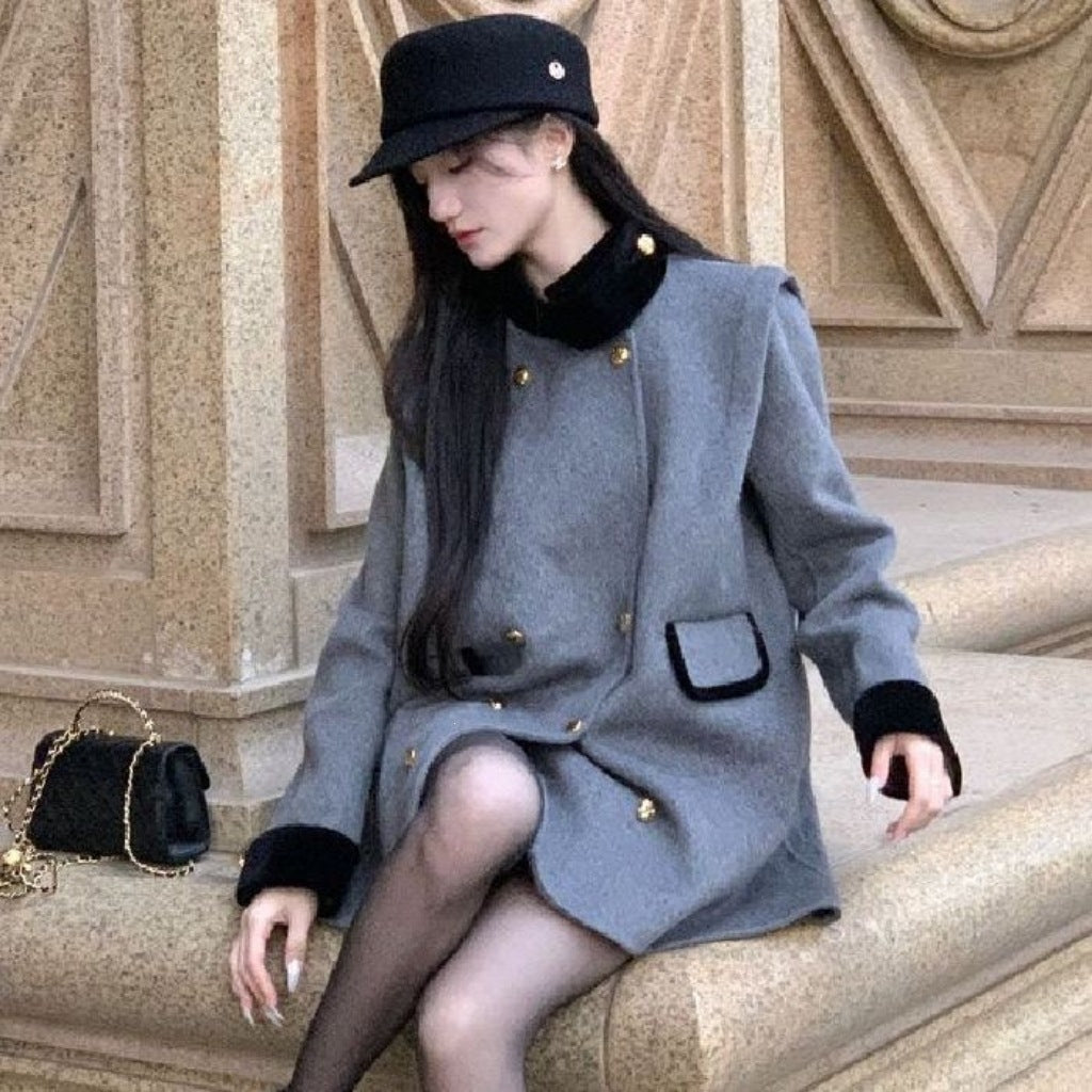 Womens Wool Coat Color-blocked Stand-up Collar Short Style