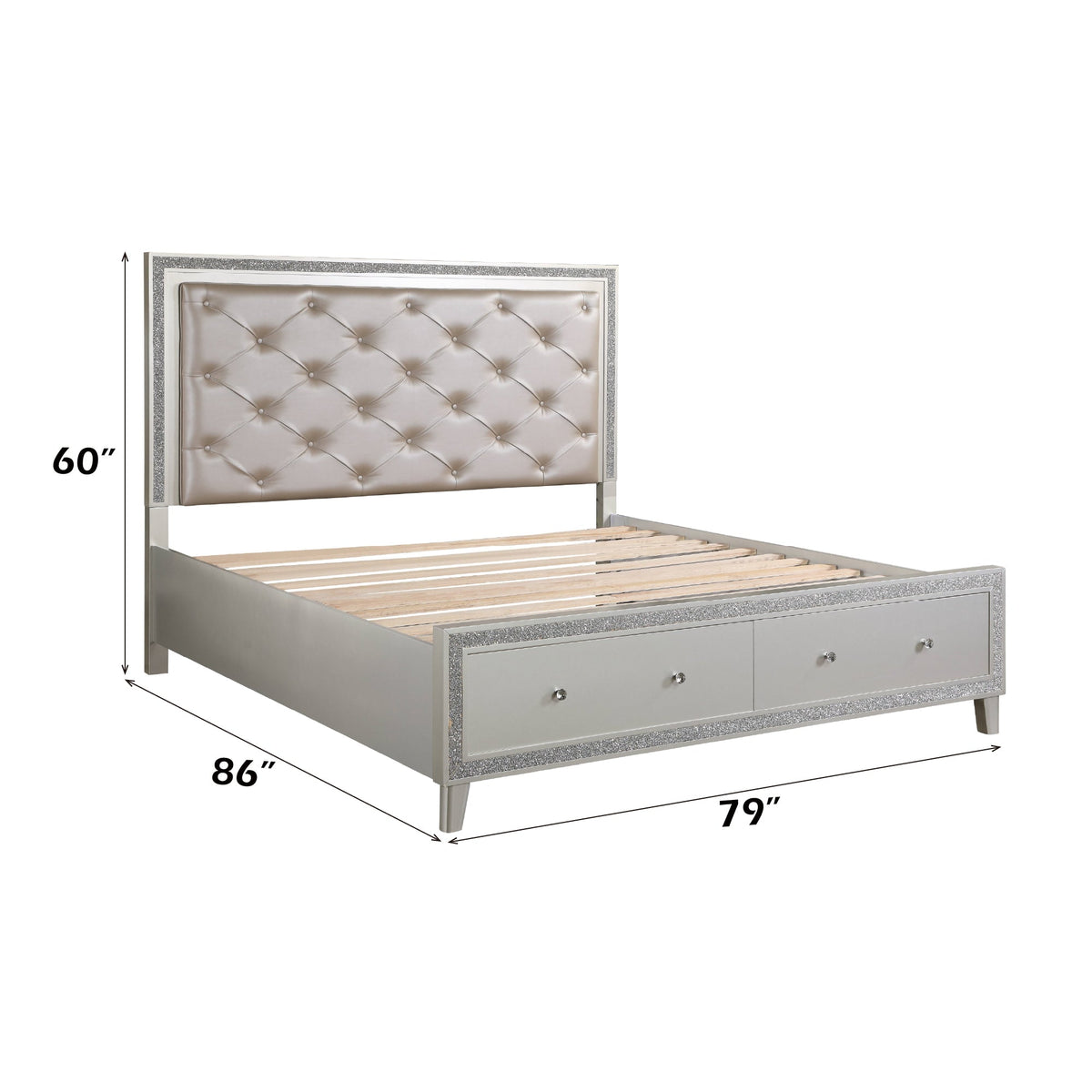 Sliverfluff Synthetic Leather & Champagne Finish EK Bed W/Storage