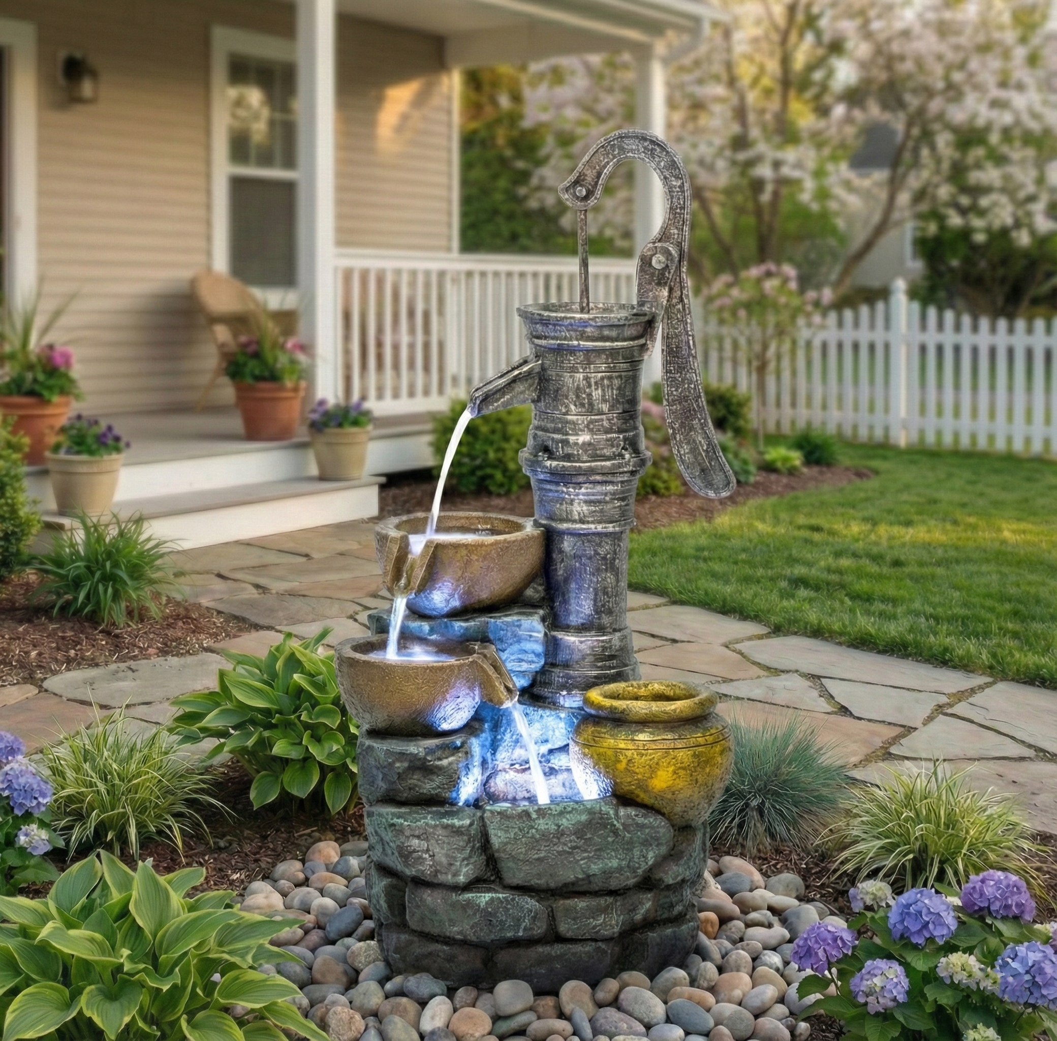 32" H Large Outdoor Water Fountain with Vintage Pump
