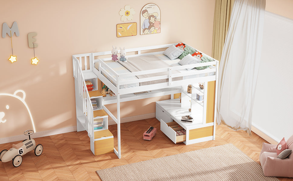 Full Size Loft Bed With Desk And Shelves, Two Built-in Drawers, Storage Staircase