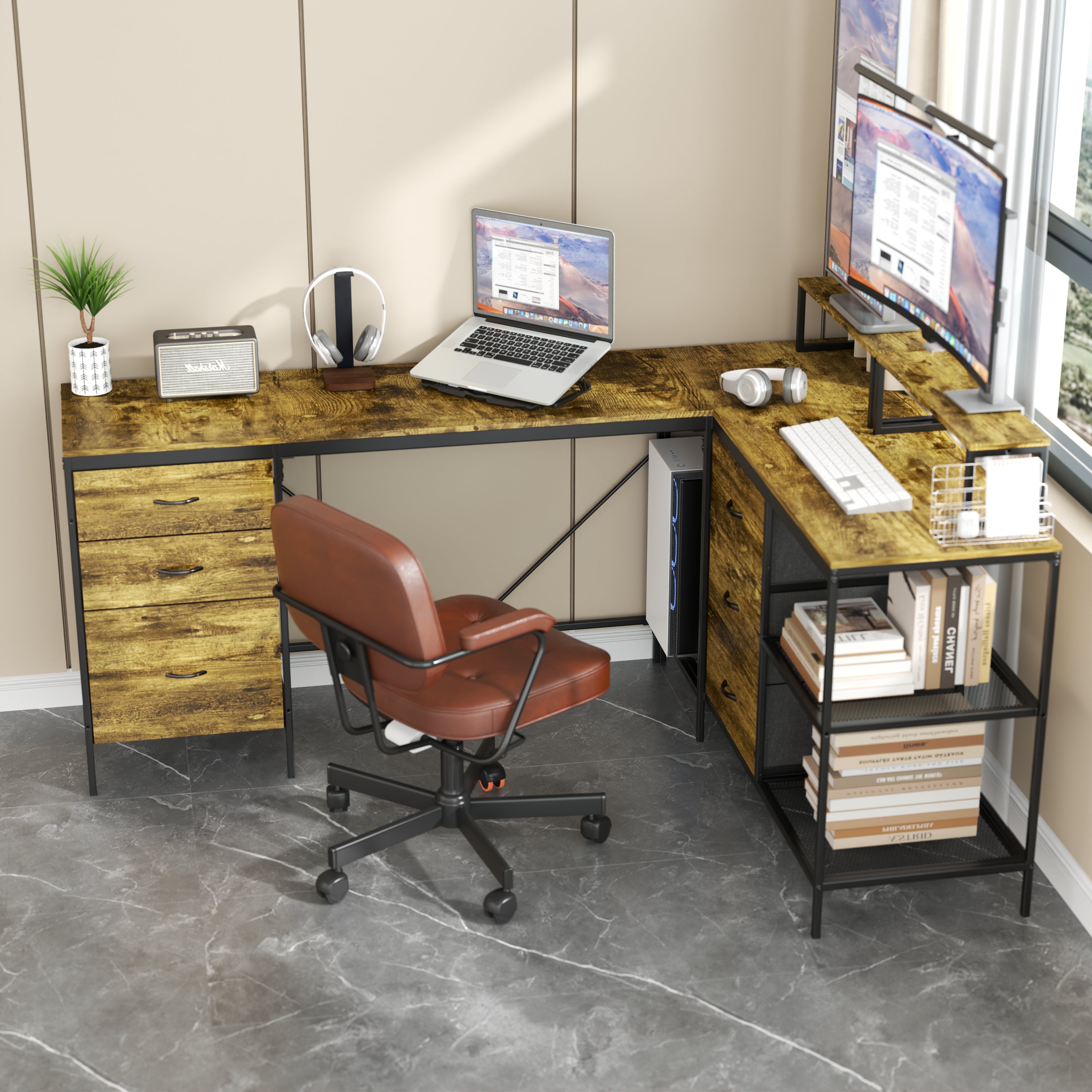 114" L-Shaped Desk with Power Hub, Industrial Design