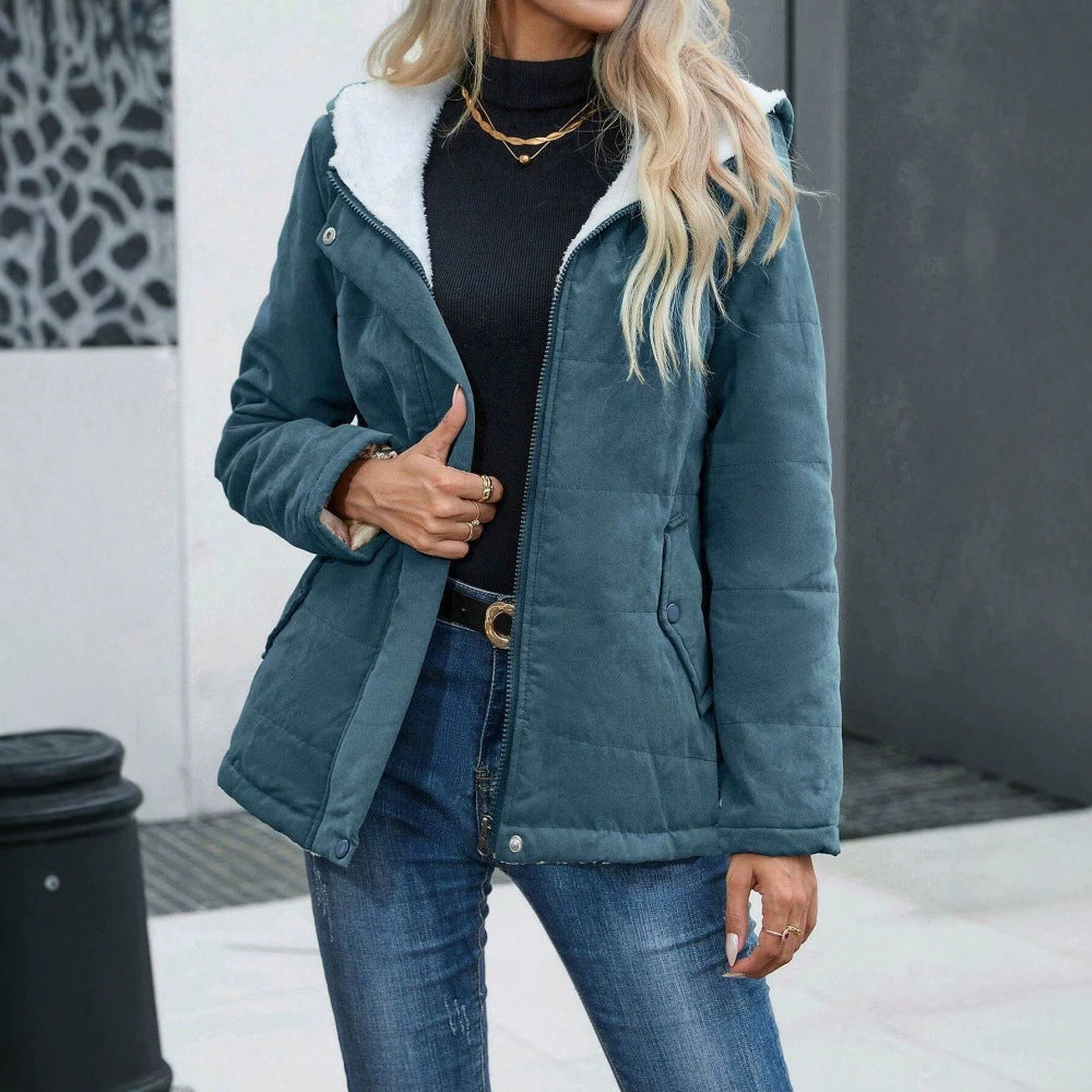 Womens Fleece-lined Hooded Loose-fit Cotton Coat Plus Size