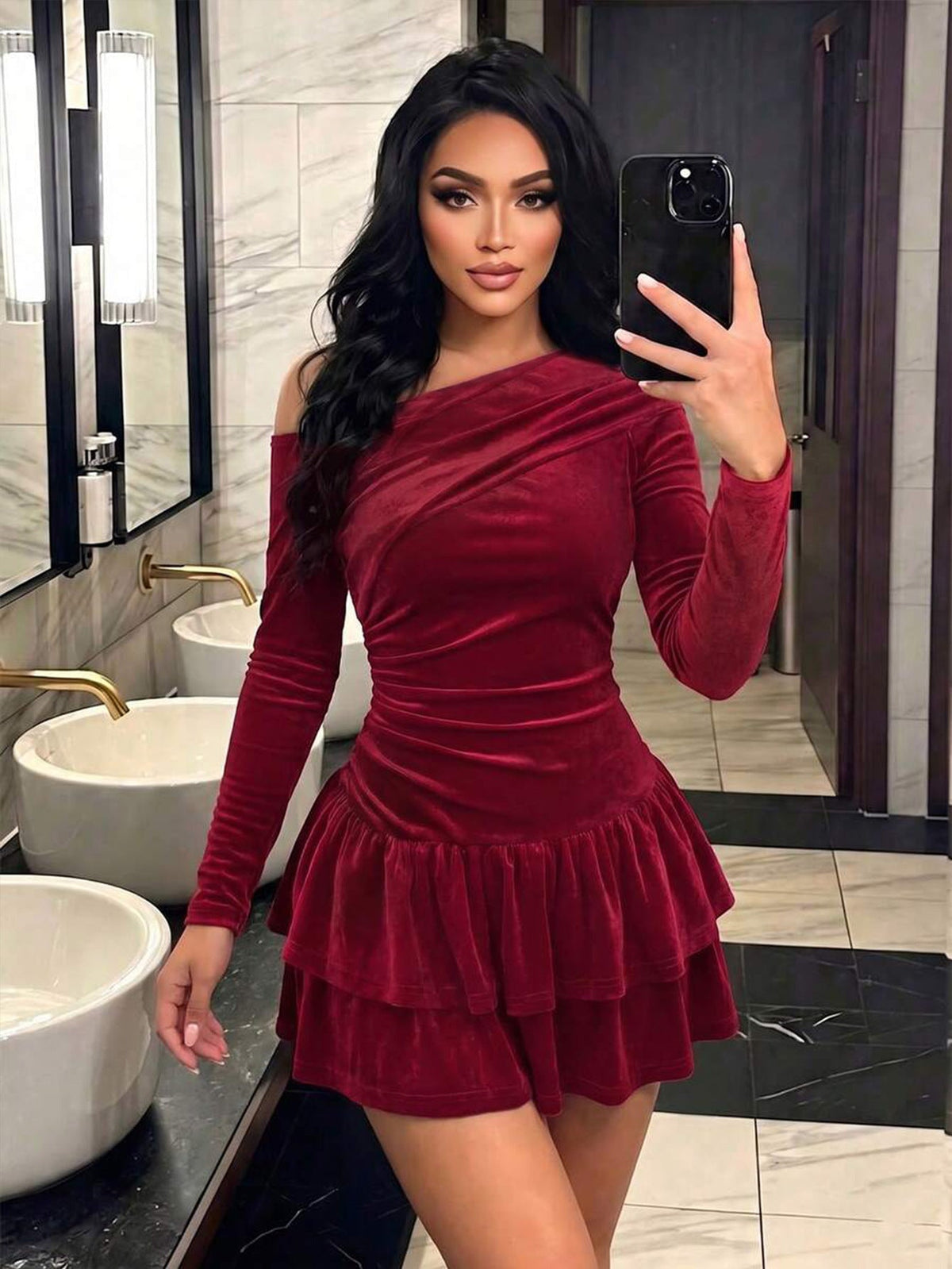 Women's AutumnWinter Velvet Off-Shoulder Dress