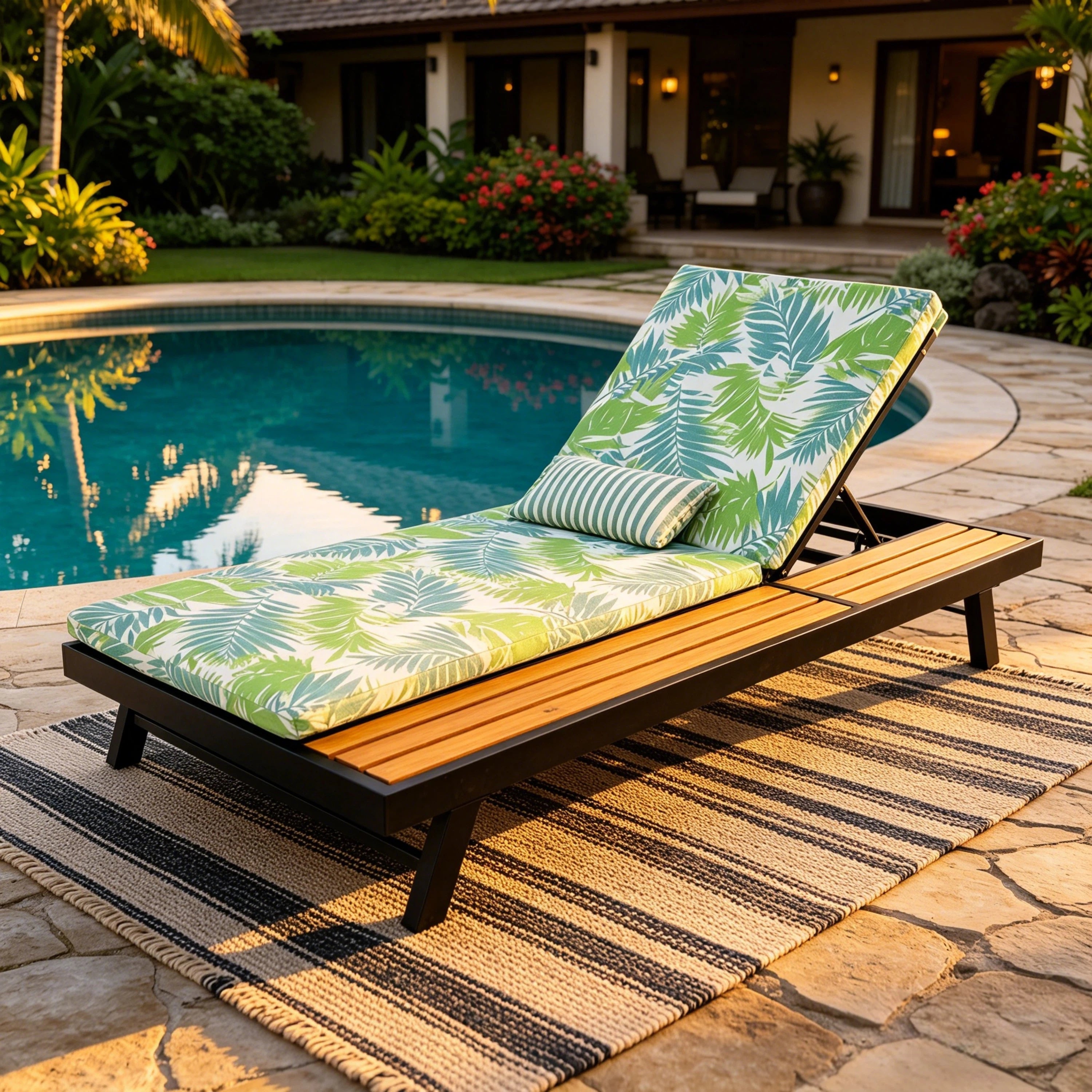 Black Iron + Teak Finish Outdoor Chaise Lounge Set