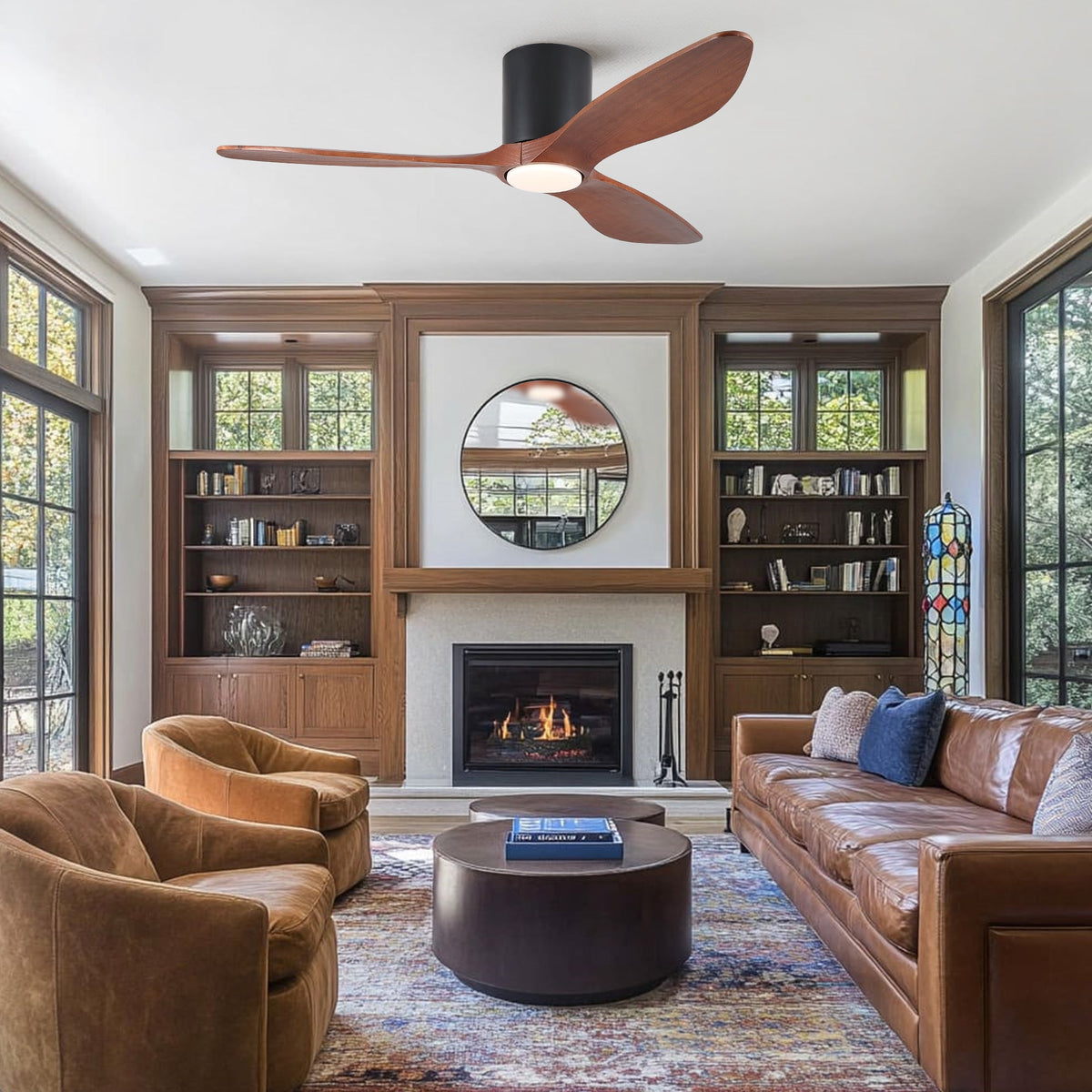 52" Modern Farmhouse Retro Solid Wood Low Profile Flush Mount Ceiling Fan