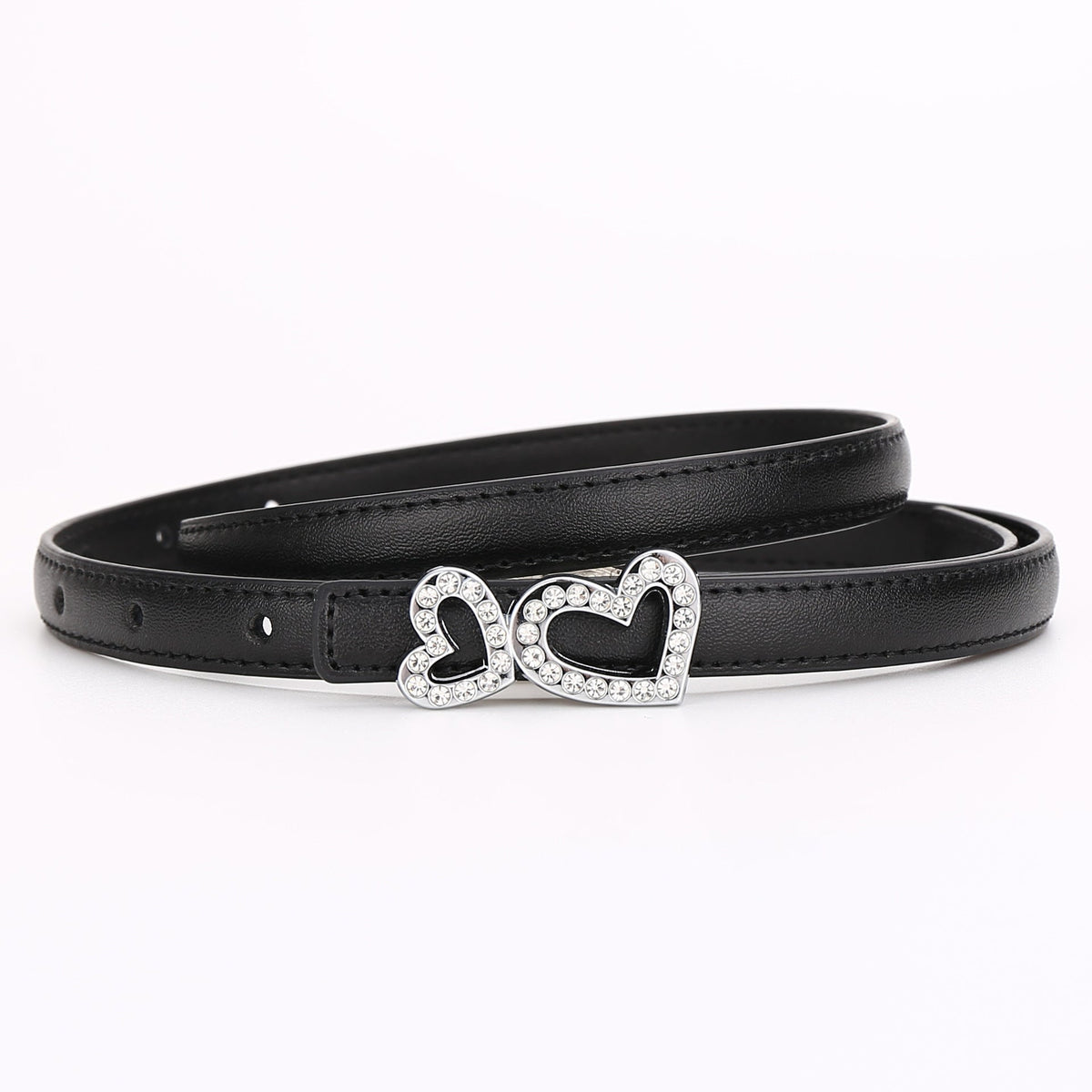 Genuine Cowhide Women's Slim Belt - Heart Shape Rhinestone Decorated Thin Waist Strap for Dress