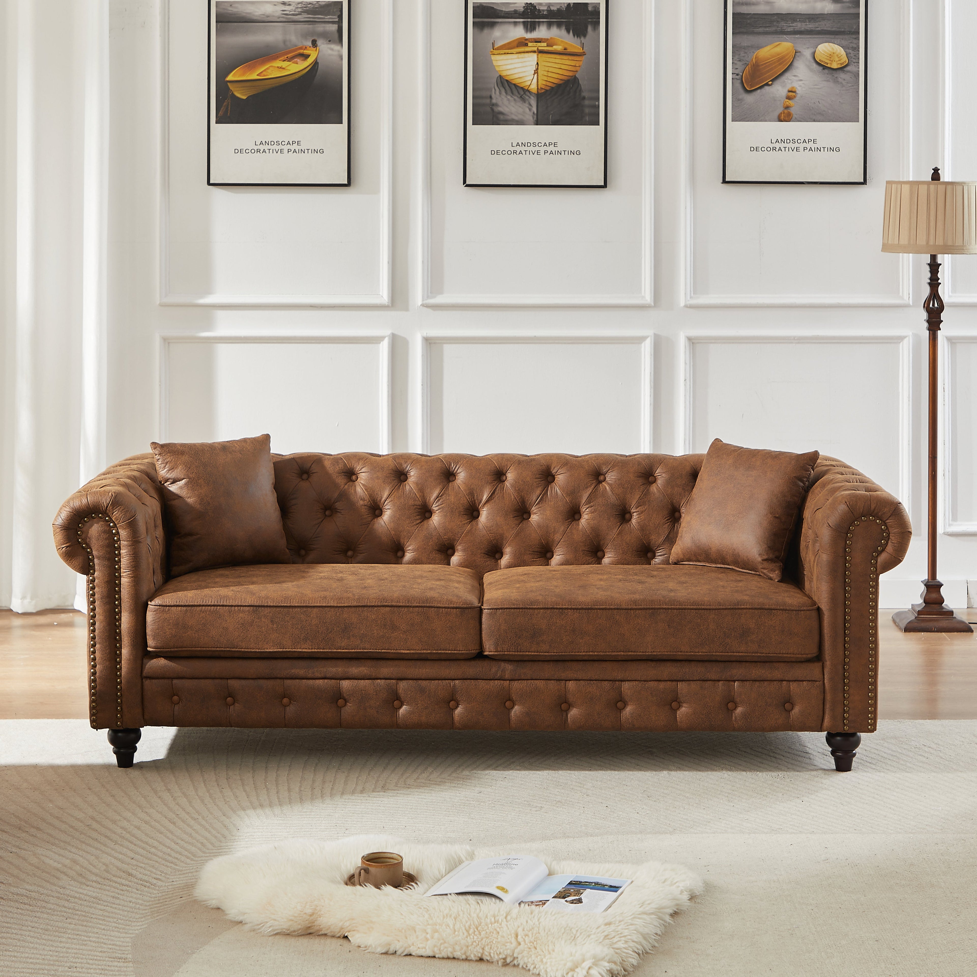 FX 85.5" Living Room Chesterfield Sofa with Rolled Arms