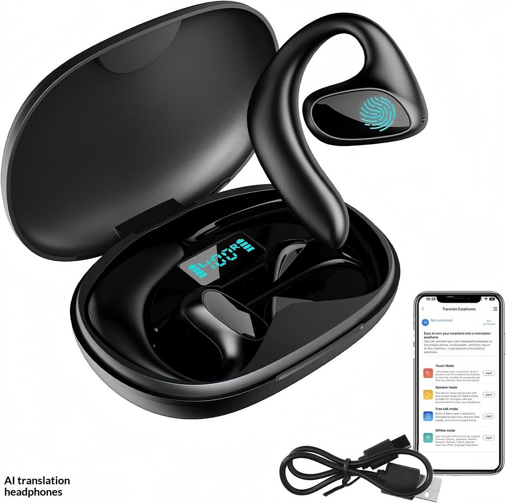 Ear-hook Wireless Translation Headphones - Long Battery Life Open-ear Bluetooth Headset with Real-time Multi-language Interpretation for Sports and Business