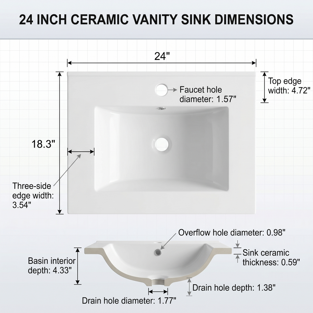 24″W x 18″D Drop In Bathroom Ceramic Vessel Sink