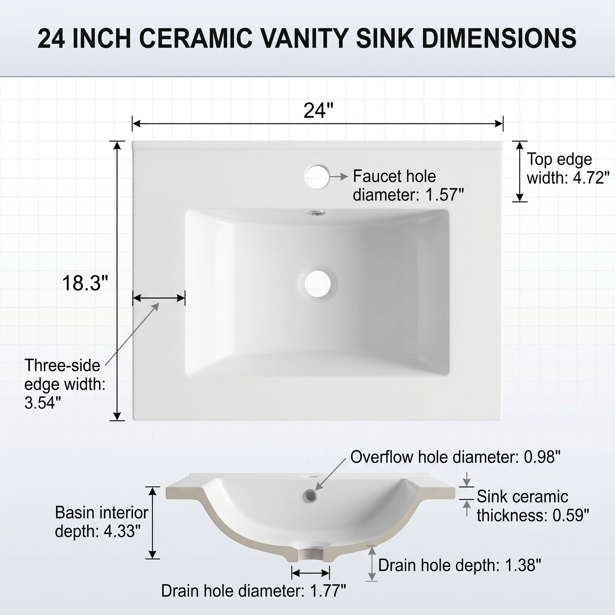24″W x 18″D Drop In Bathroom Ceramic Vessel Sink
