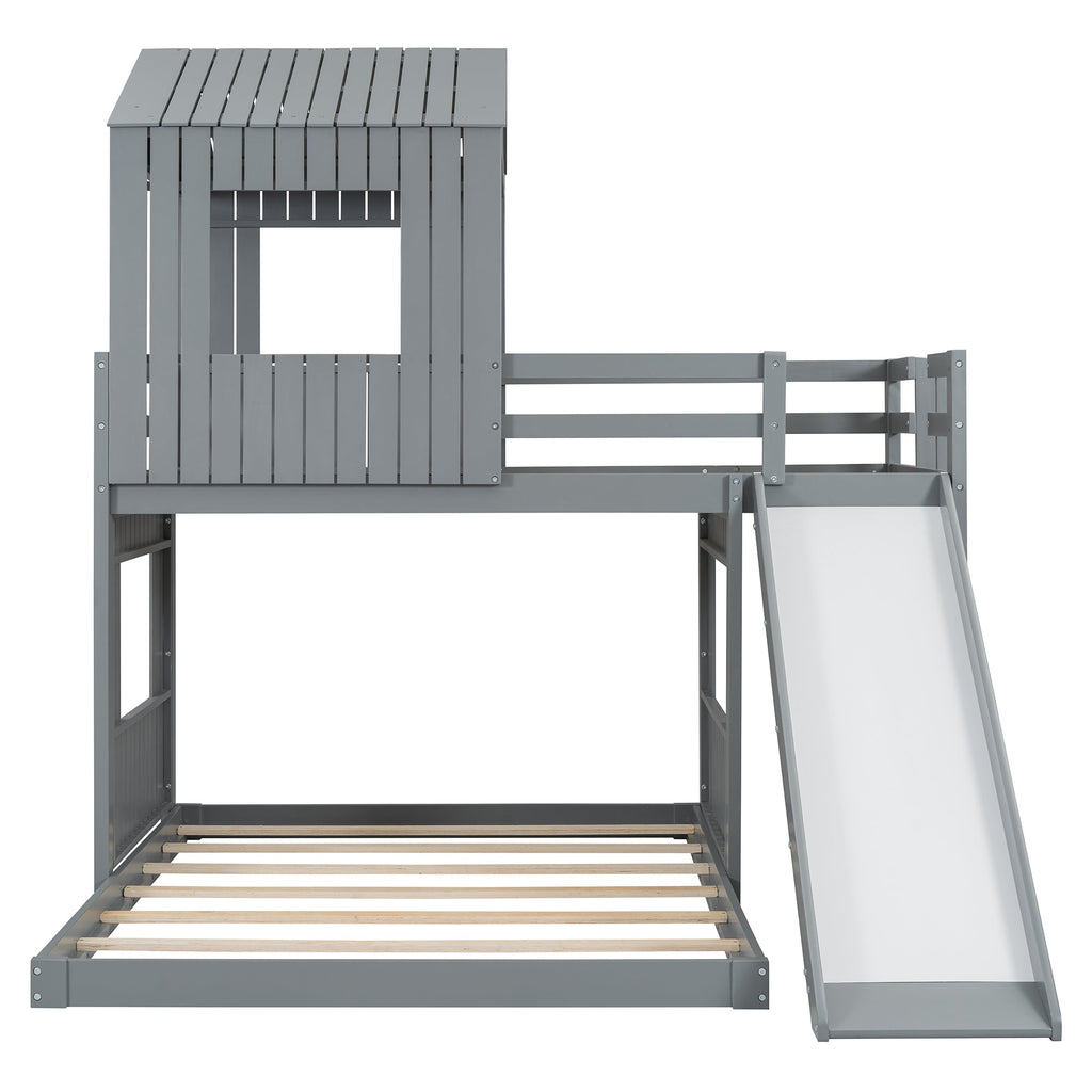 Wooden Twin Over Full Bunk Bed, Loft Bed with Playhouse