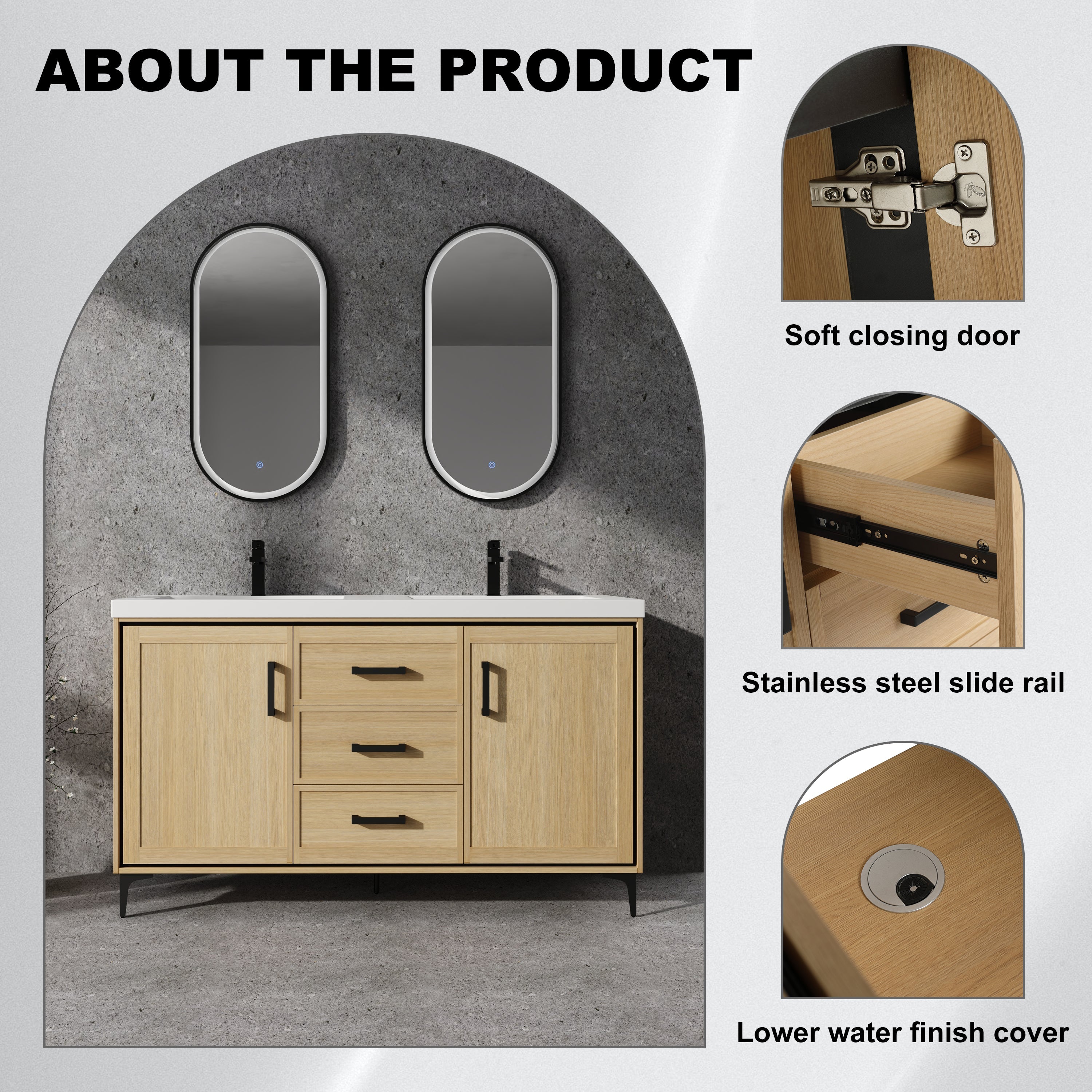 60" Freestanding Bathroom Vanity with Double Resin Sink