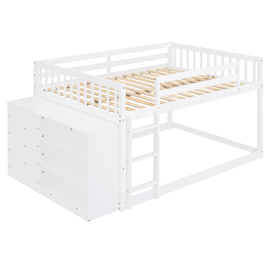 Full Over Full Bunk Bed with 4 Drawers and 3 Shelves - White
