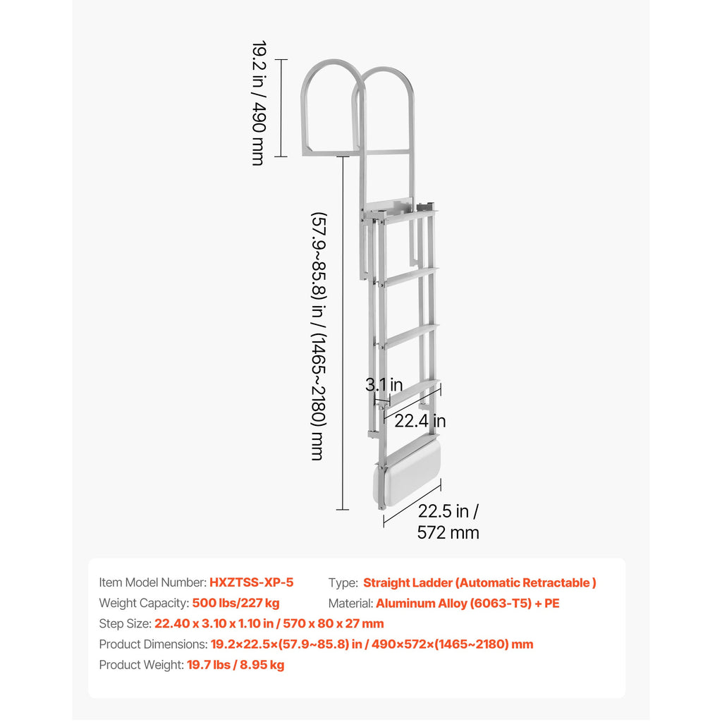 Retractable Dock Ladder - 5 Steps, Aluminum Alloy