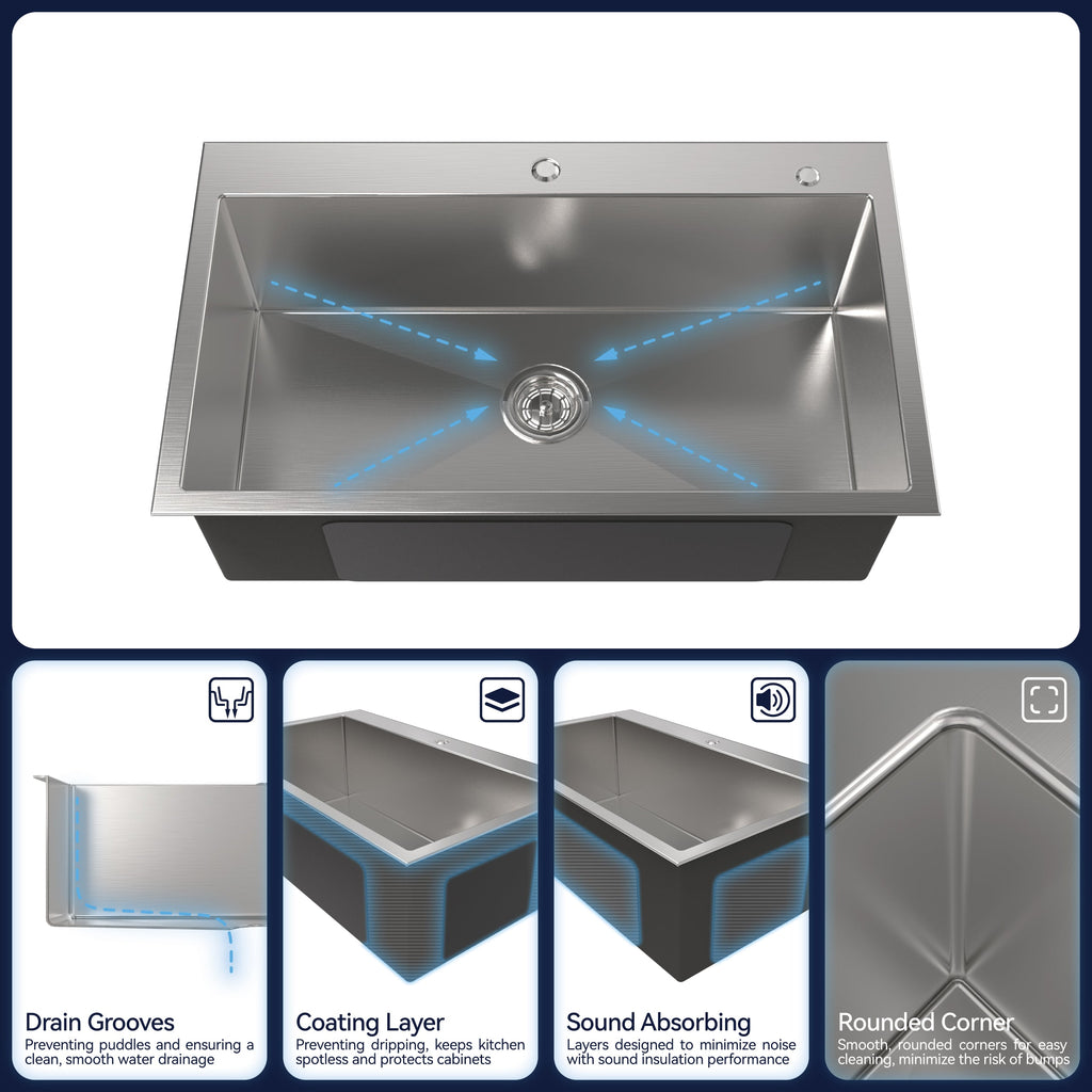 Stainless Steel Kitchen Sink - 32"x19" Single Bowl