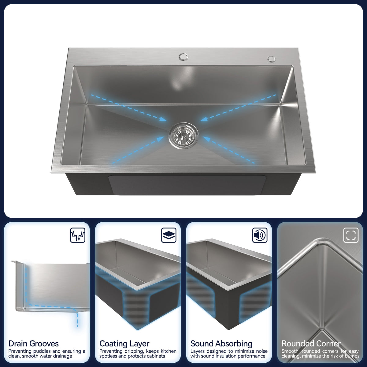 Stainless Steel Kitchen Sink - 32"x19" Single Bowl