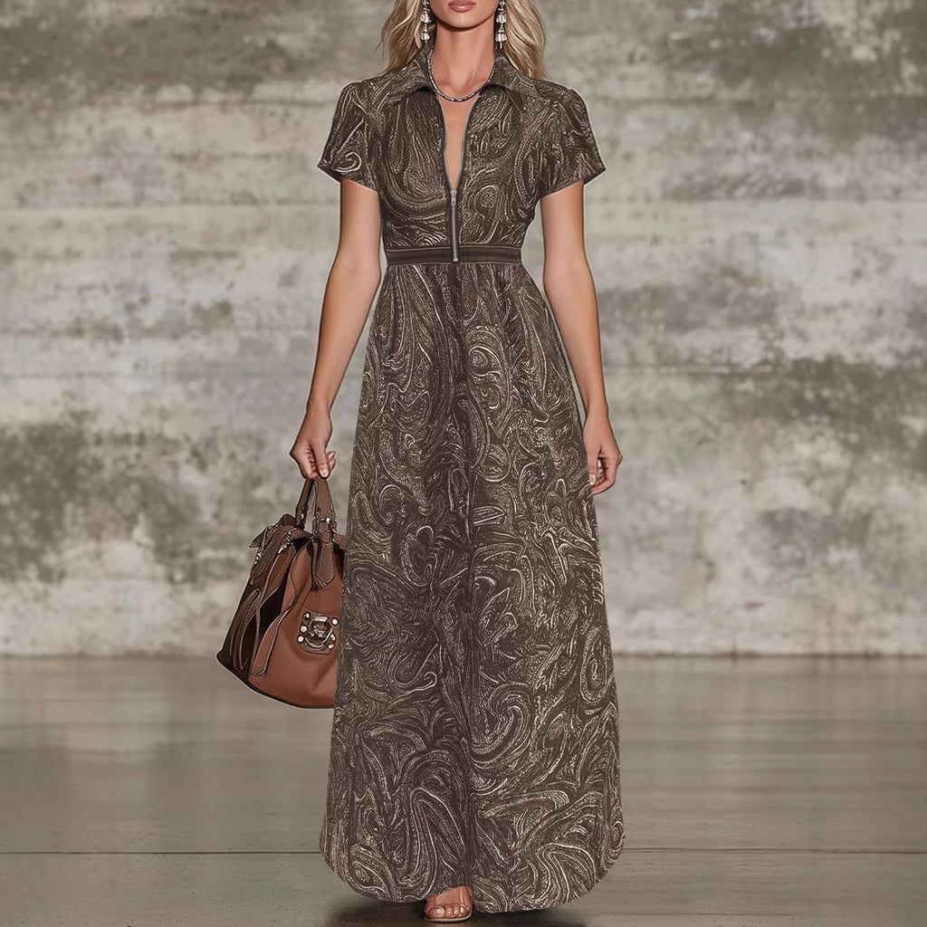 Ebay Amazon European And American Foreign Trade Retro Paisley Print Lapel Dress With Waist-Cinching A-Line Long Skirt For Women