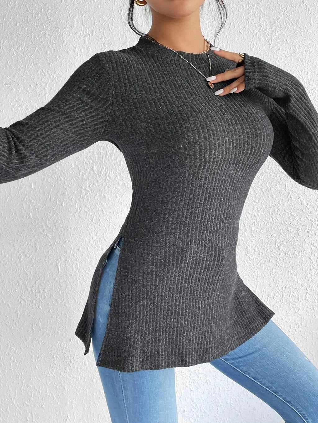 Slim Fit Sexy Women's Fall Winter New Arrival Solid Color Ribbed Brushed Knit T-Shirt With Round Neck And Ribbed Hem