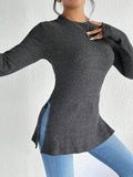 Slim Fit Sexy Women's Fall Winter New Arrival Solid Color Ribbed Brushed Knit T-Shirt With Round Neck And Ribbed Hem