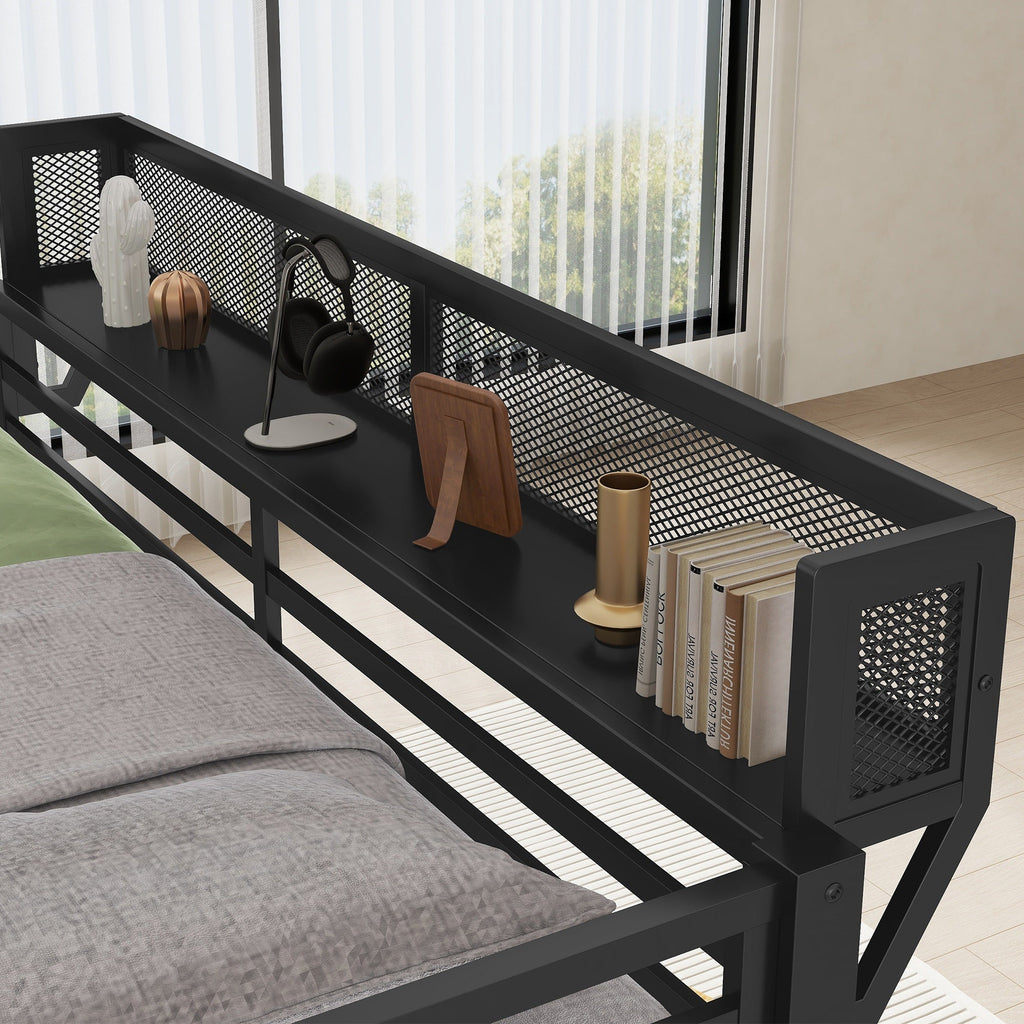 Queen Over Queen Metal Bunk Bed with Ladder and Storage Shelf