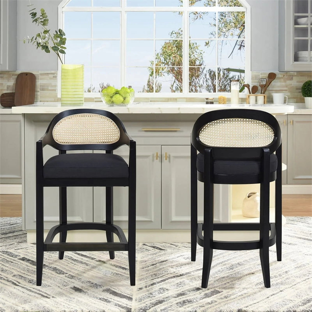 Americana Mid-Century Modern Cane Back Bar Stool in Jet