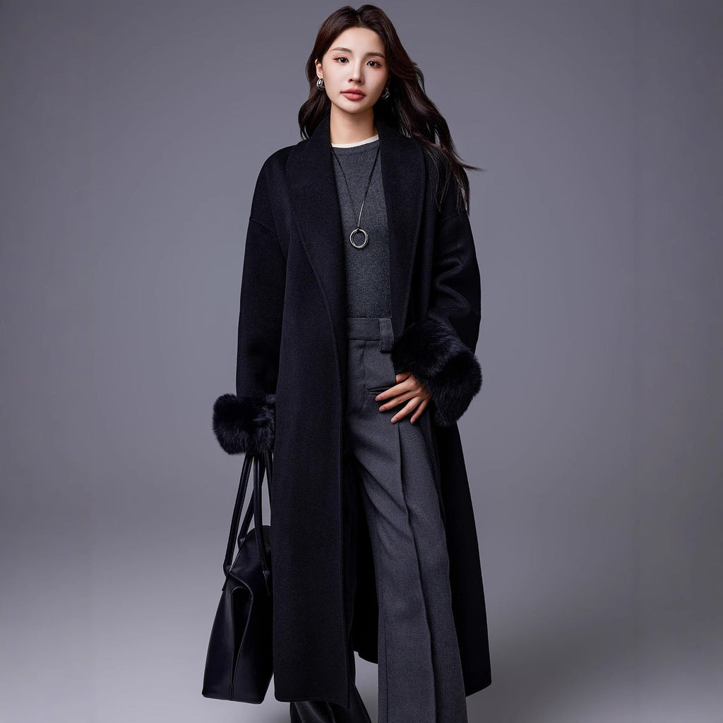 Thickened Coat With Fox-fur Sleeves Womens Belted Wool Blend