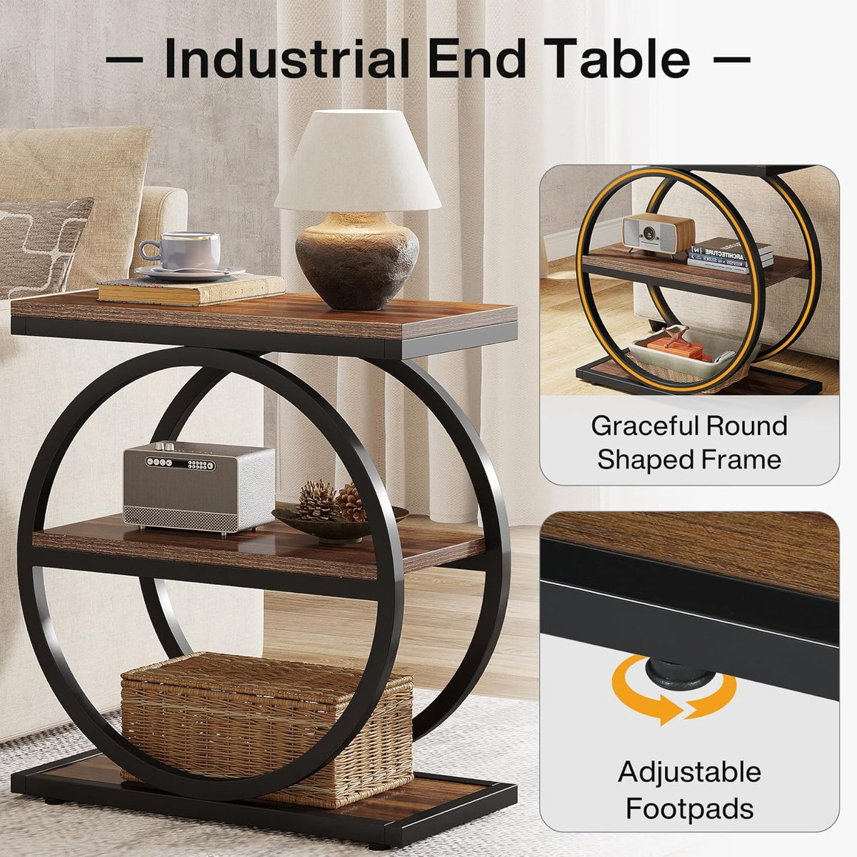 End Table Set of 2 with 3 Storage Shelves