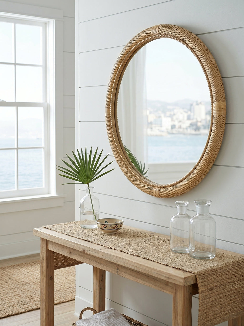 31.9" Woven Rattan Decorative Round Mirror with Wrapped Accents