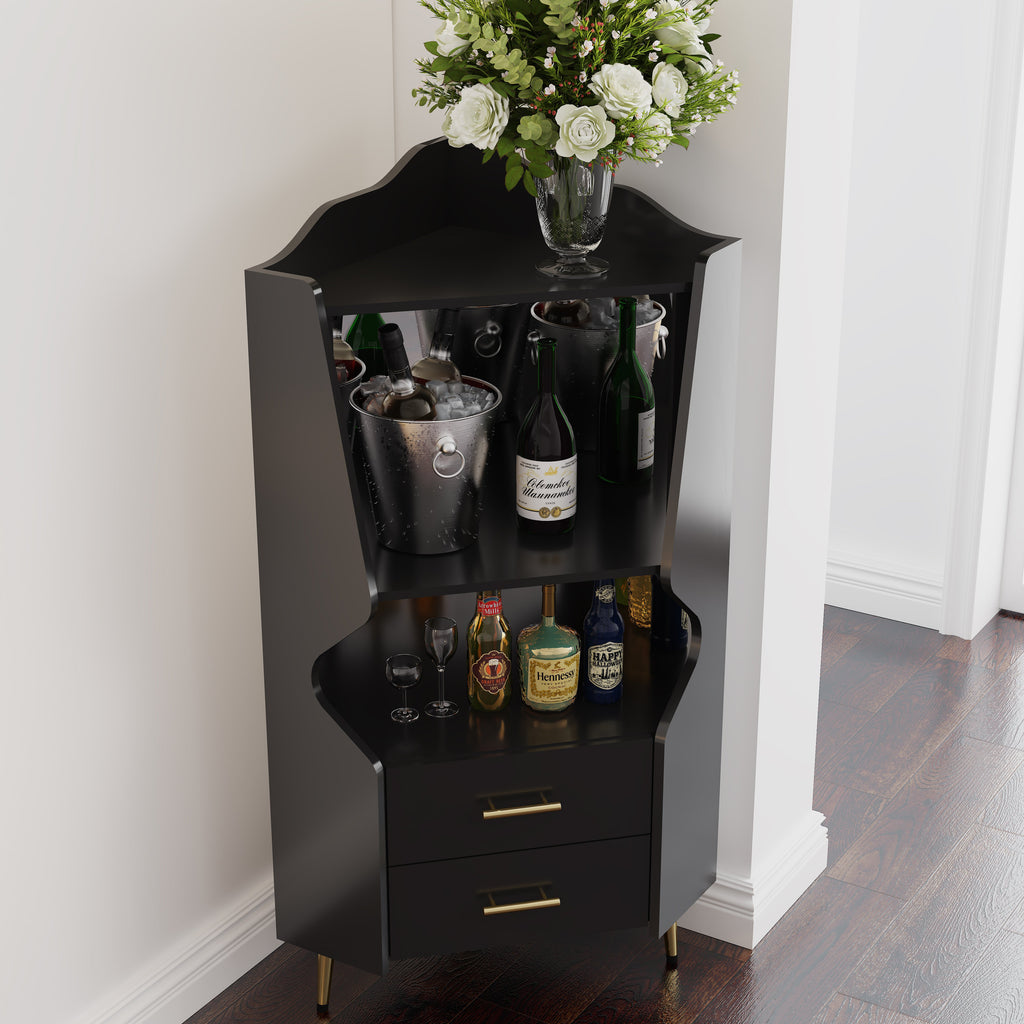 Wooden Corner Bar Cabinet With 2 Open Storage Shelves And 2 Drawers