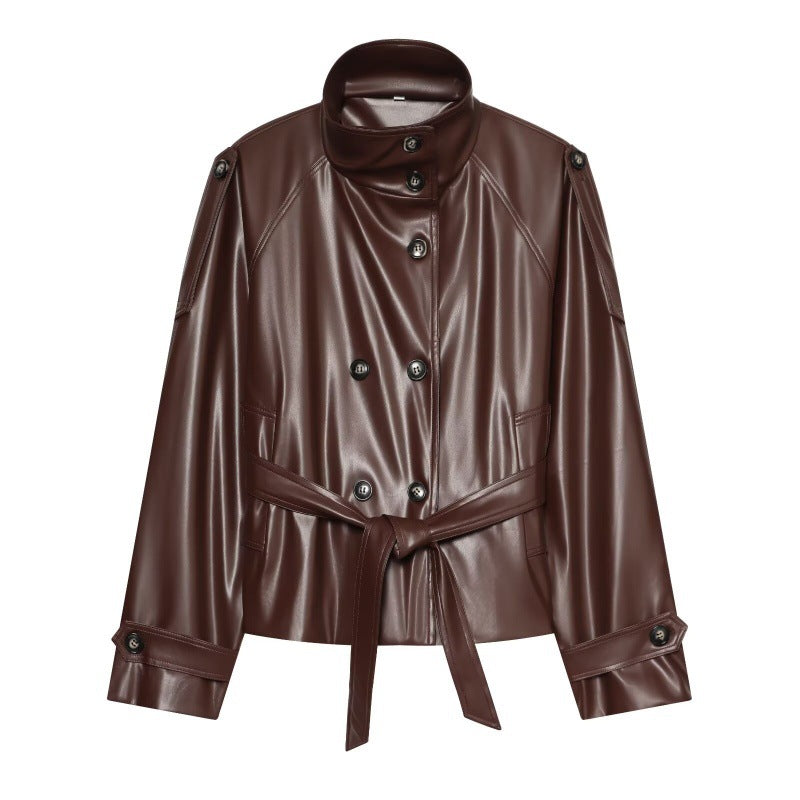 Womens AutumnWinter Double-Breasted Leather Jacket
