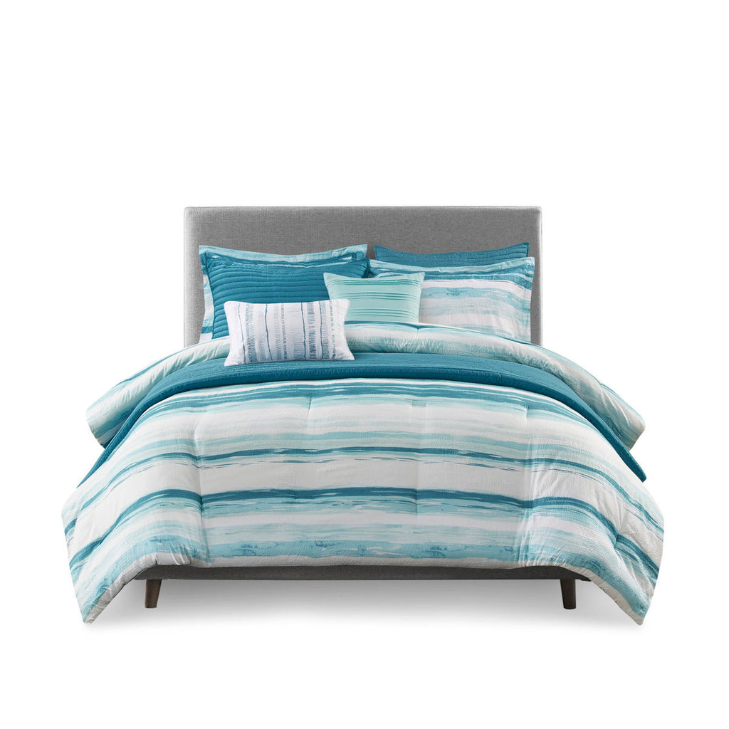 8 Piece Printed Seersucker Comforter and Quilt Set Collection Aqua King/Cal King