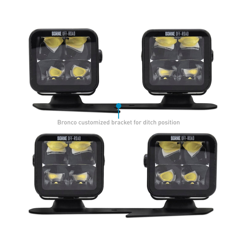 Borne Off-Road 21+ Bronco Light Pods 4pc Ditch 3x3 Flood Upfit BNLT-BR-21-DT4FU
