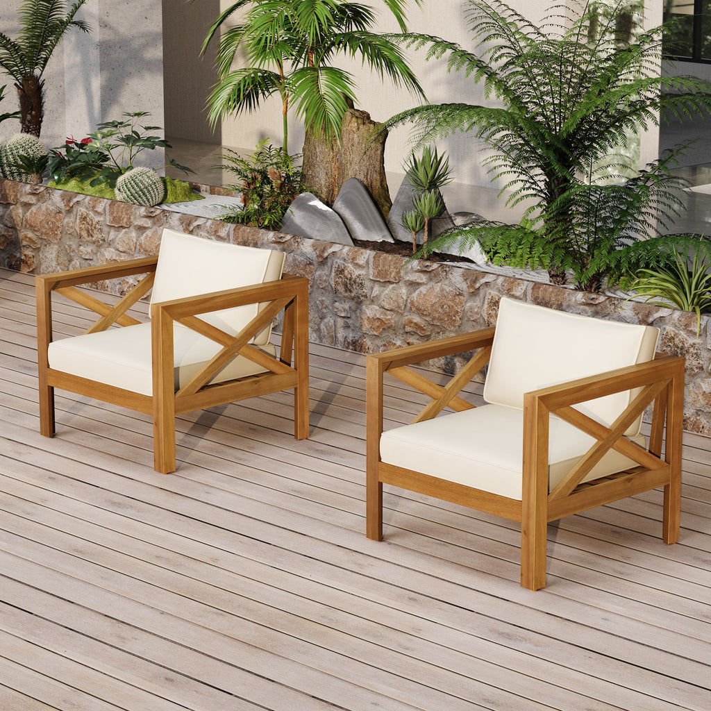 Outdoor Acacia Wood Club Wooden Armchair with Cushions (Set of 4)
