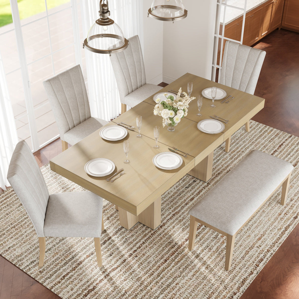 TOPMAX Farmhouse 76.0inch Extendable Wood Dining Table Set for 6