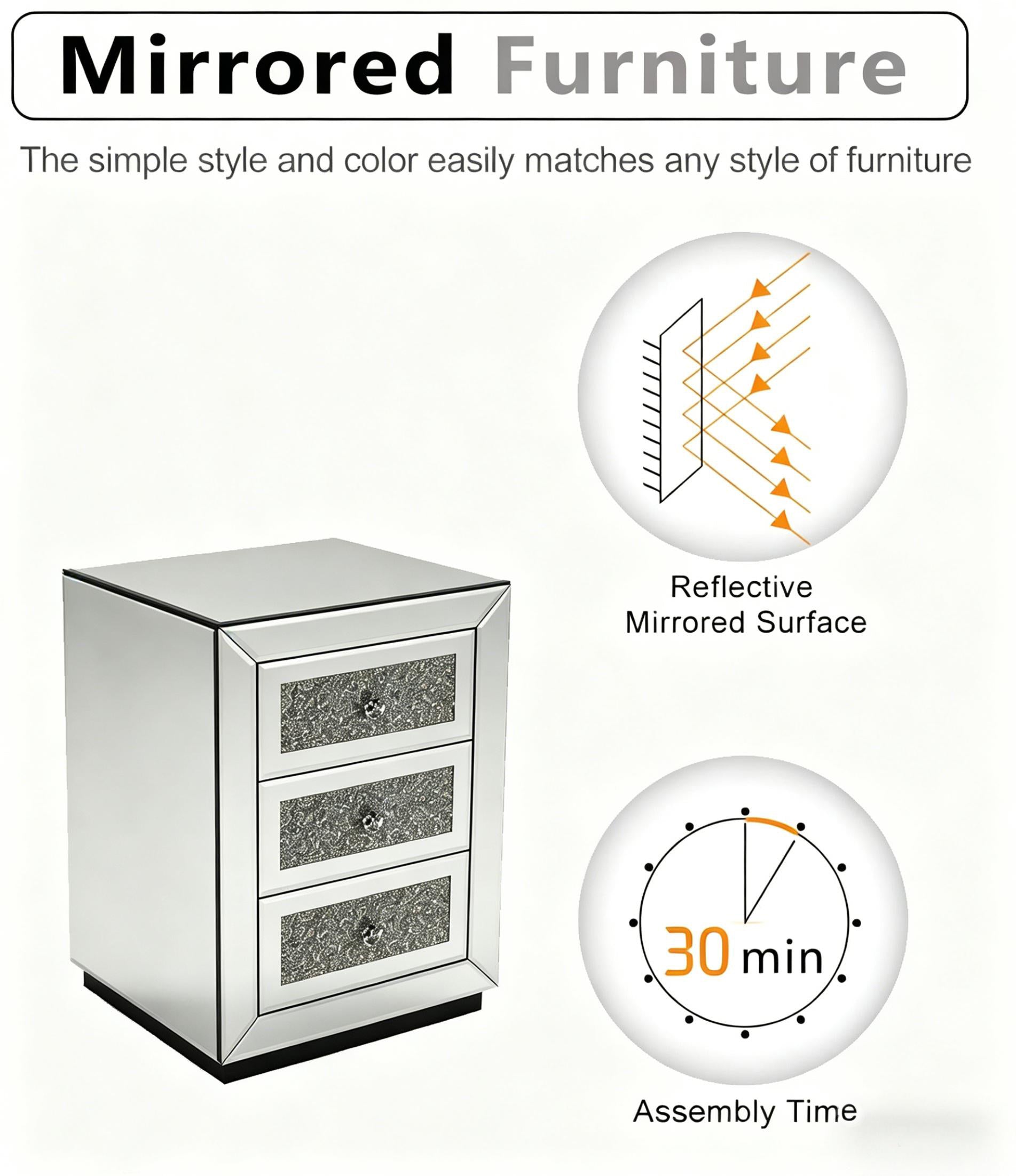 Mirrored Nightstand 3 Drawer