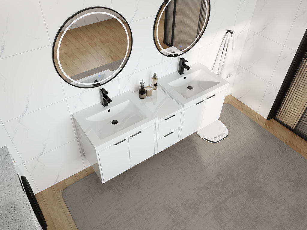 60" Bathroom Vanity With Resin Sink, Soft Close Doors and 1-Side Cabinet, Float Mounting Design, Glossy