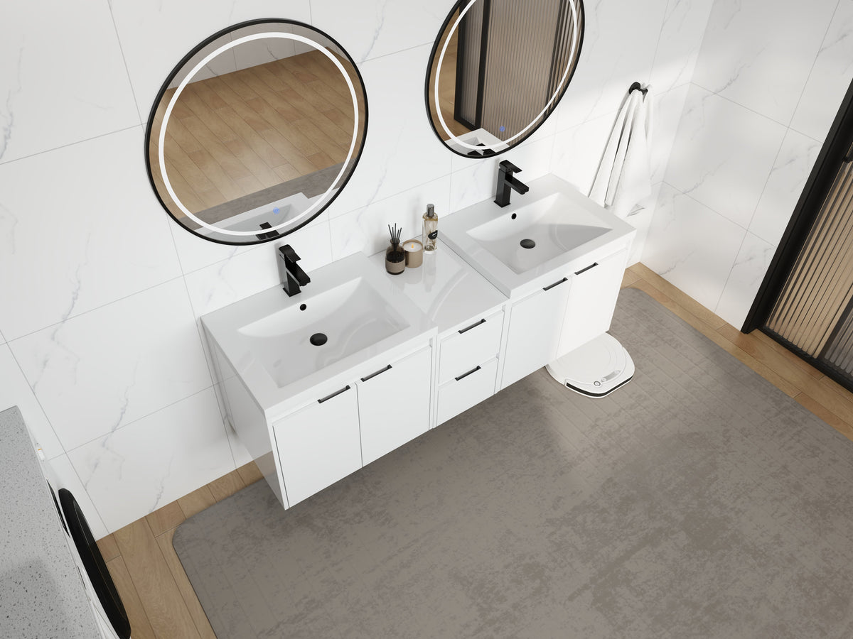 60" Bathroom Vanity With Resin Sink, Soft Close Doors and 1-Side Cabinet, Float Mounting Design, Glossy
