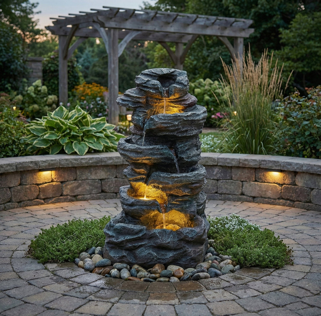 6-Tier Outdoor Cascading Stone Water Fountain with LED Lights