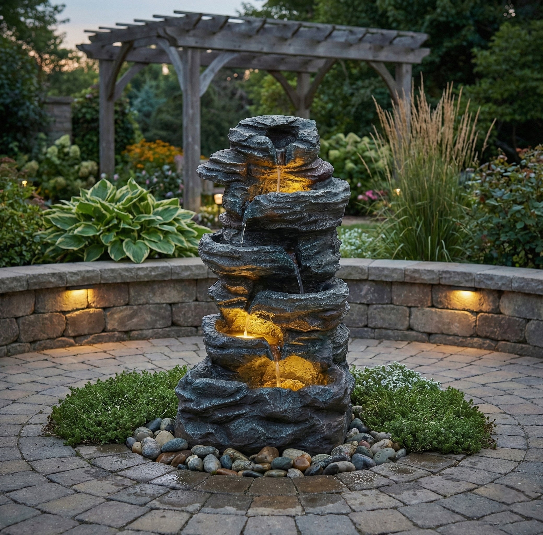 6-Tier Outdoor Cascading Stone Water Fountain with LED Lights