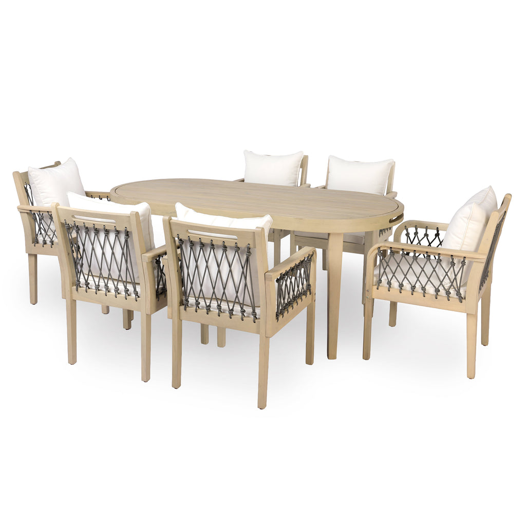7-Piece Outdoor Acacia Wood Dining Set with Rope-Woven Armchairs