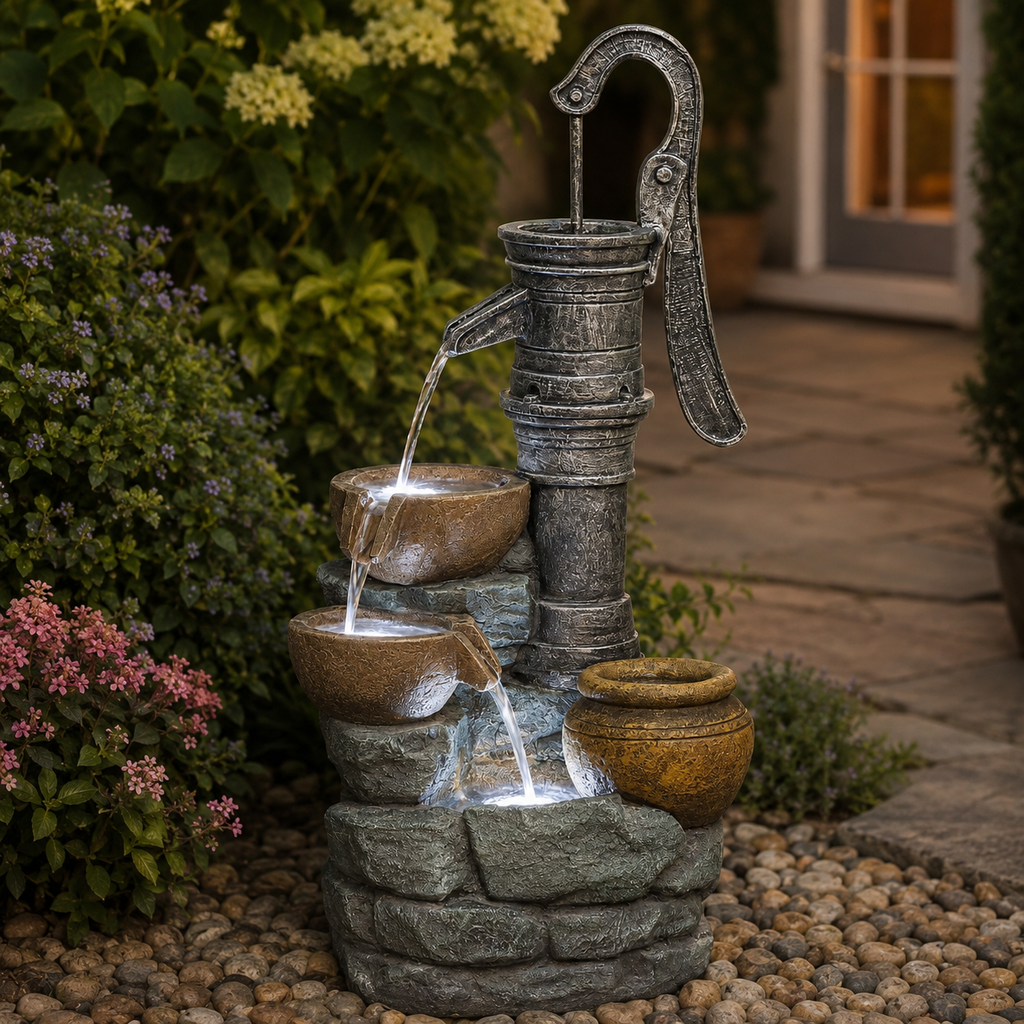 32" H Large Outdoor Water Fountain with Vintage Pump