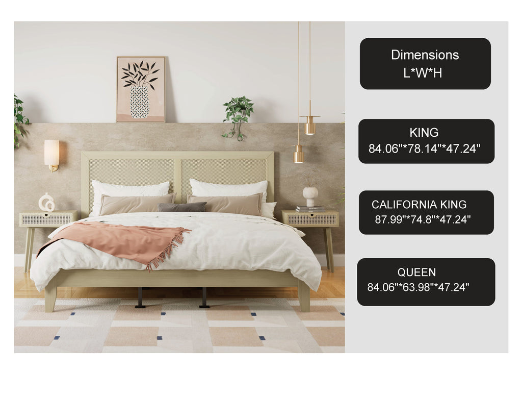 Solid Wood Platform California King Bed With Rattan