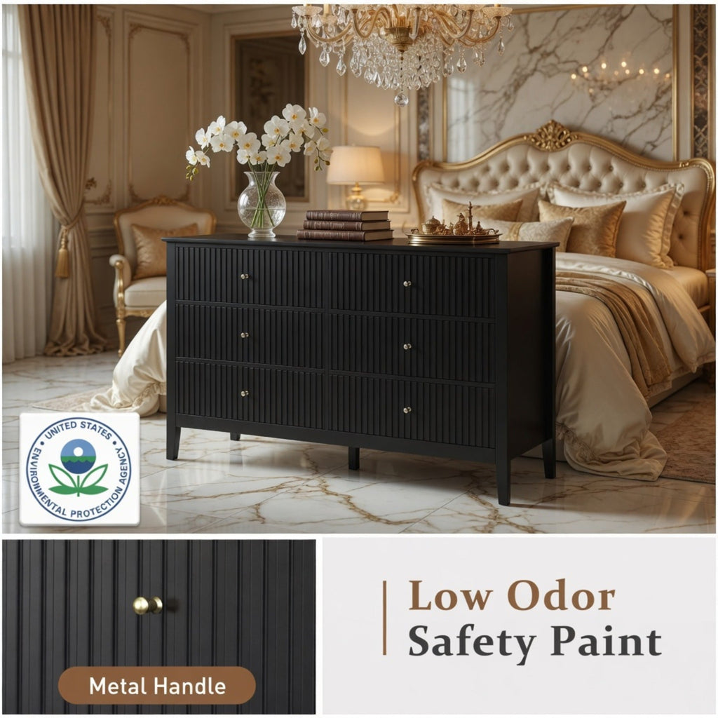 47.2" Wide Black 6-Drawer Fluted Dresser