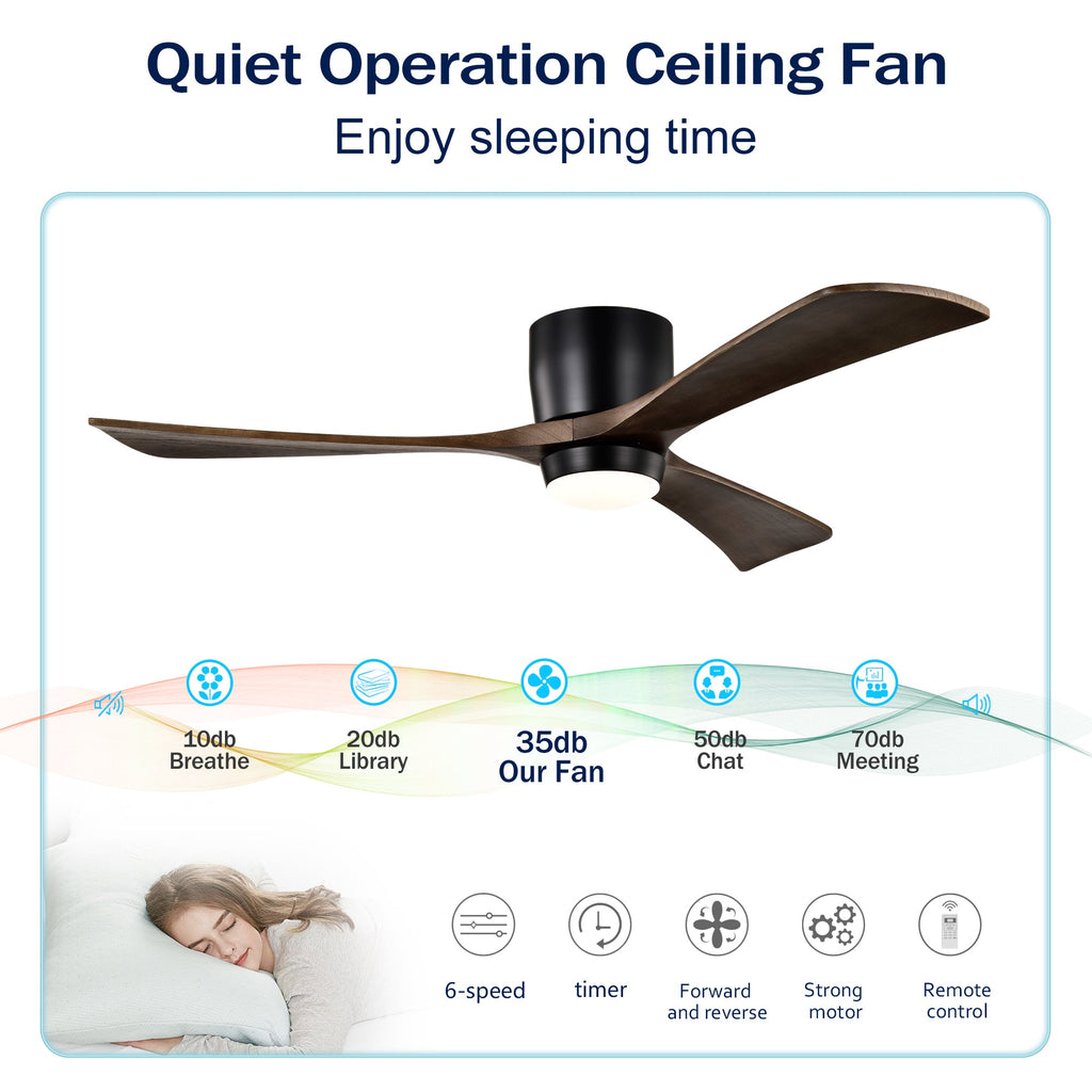 52" Flush Mount Solid Wood Blades Ceiling Fan with Lights