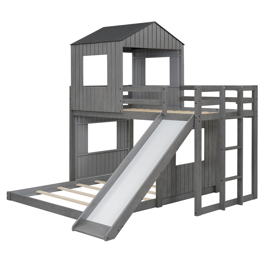 Wooden Twin Over Full Bunk Bed with Playhouse