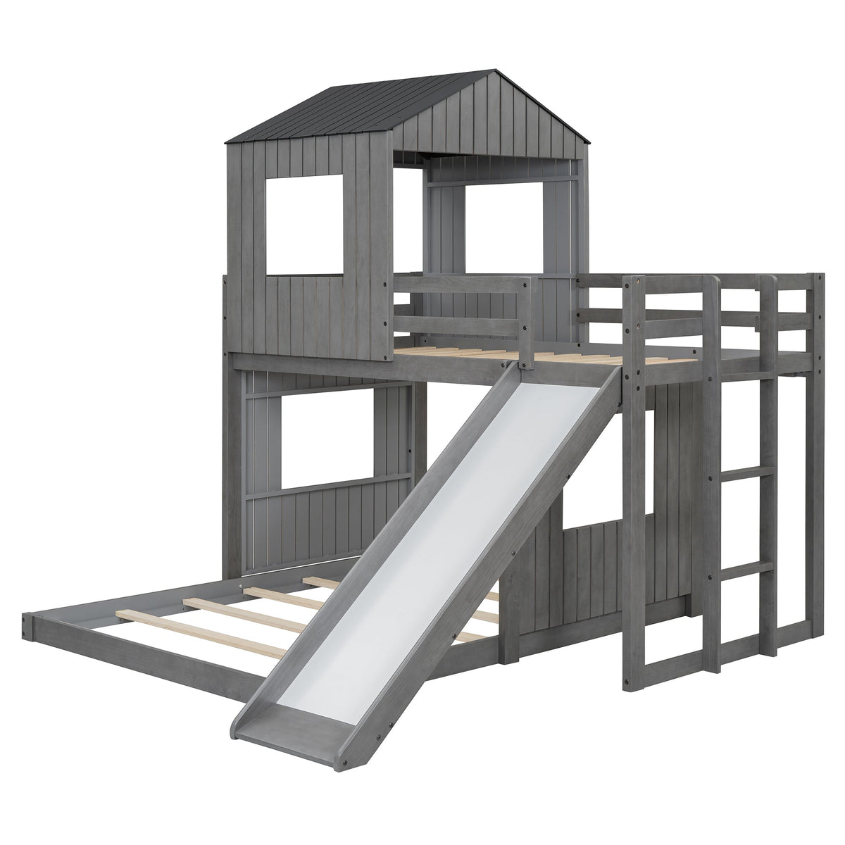 Wooden Twin Over Full Bunk Bed with Playhouse