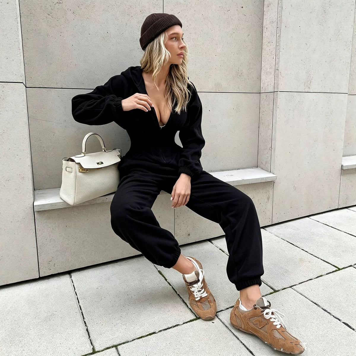 Women's Fallwinter Jumpsuit With Long Sleeves Sporty And Casual Featuring A Hood
