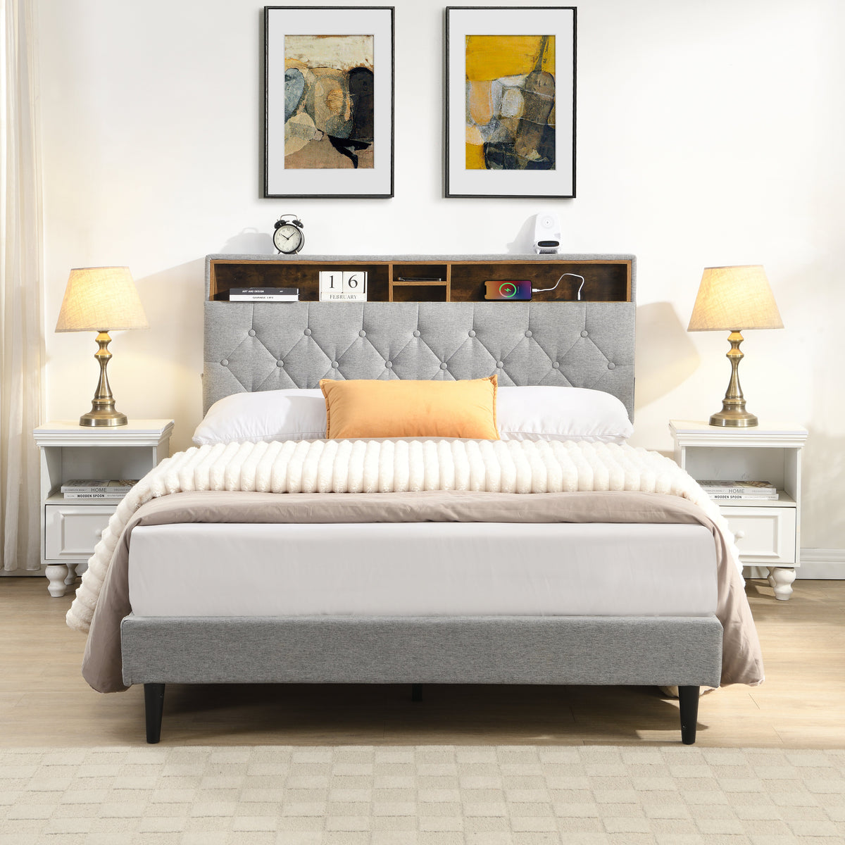 Queen-Size Upholstered Platform Bed Frame