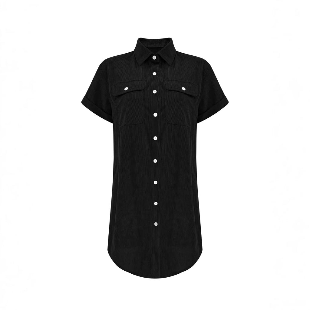 Independent Site Cross-Border Foreign Trade Retro Casual Corduroy Shirt Dress Loose Slimming Short-Sleeve Turn-Down Collar Dress Women's Clothing